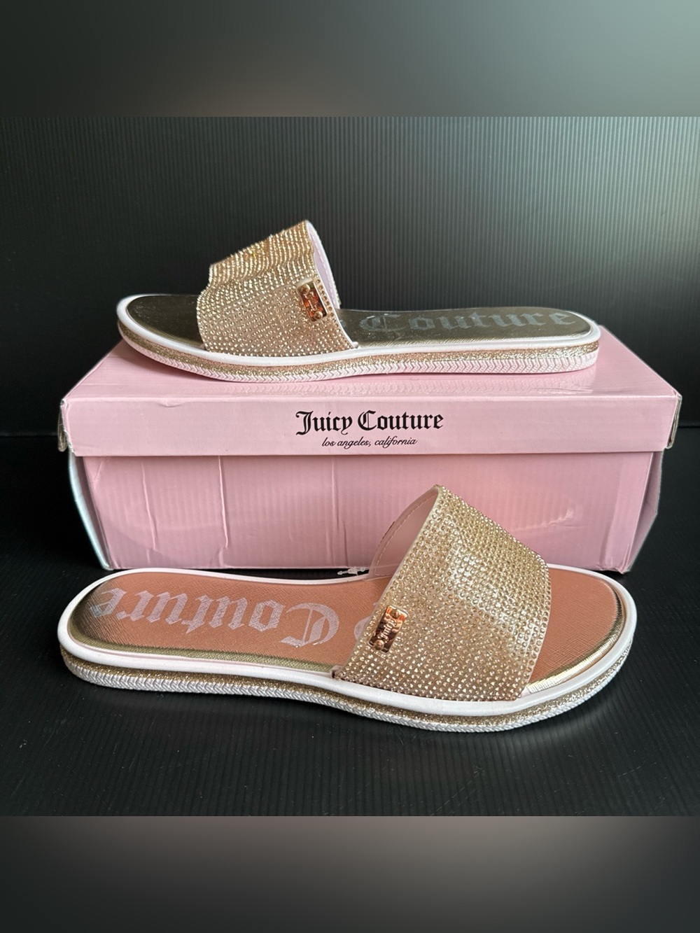 NIB Juicy Couture Yummy Rose Gold Rhinestone Slide Sandals Women’s Size 10